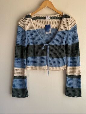 Abound Blue Striped Crochet Tie-Front Sweater